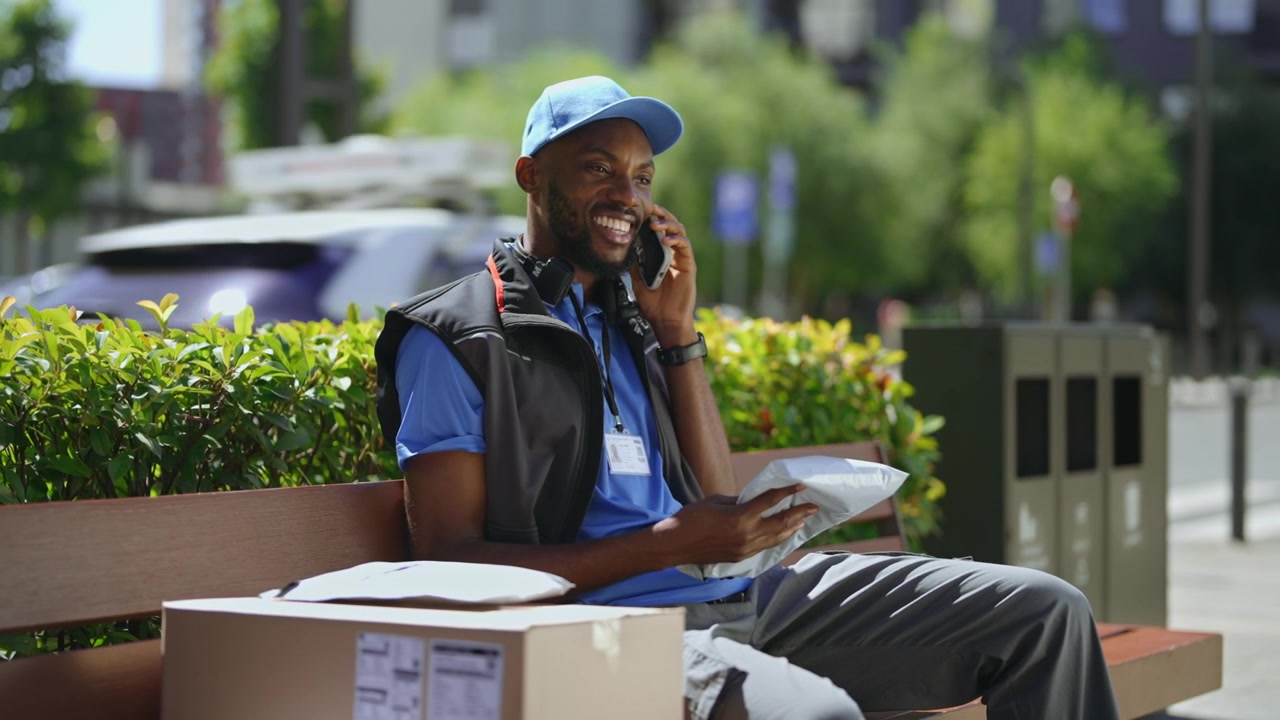 Delivery Courier Checking Packages and Talking on Phone on City Bench