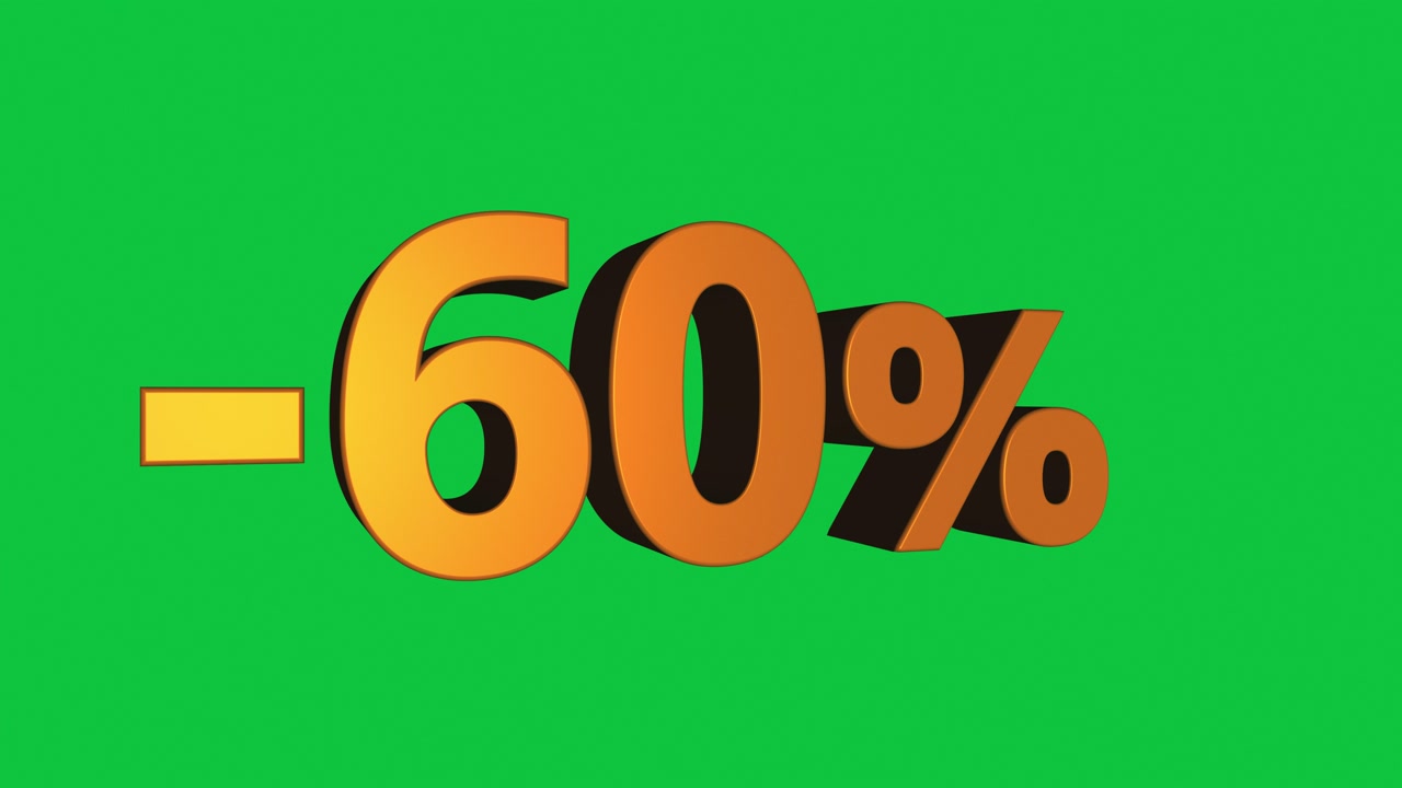 Animated 3D minus 60 percent sign rotating on green background in seamless loop