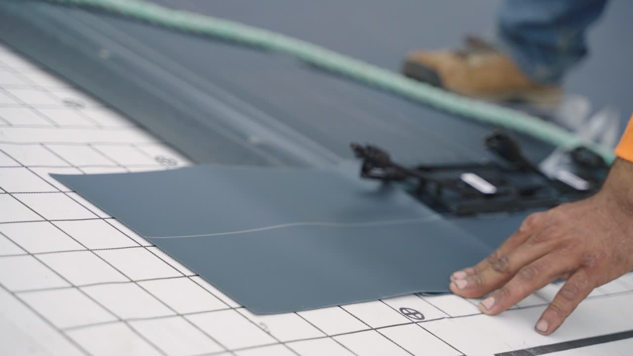 Close-up of workers using a nail gun to install solar shingles on a roof.