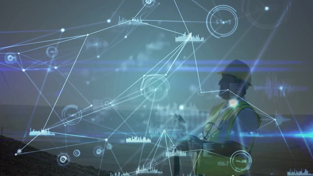 Data network expanding, field technician raising tablet and monitoring wind turbine via AR overlay