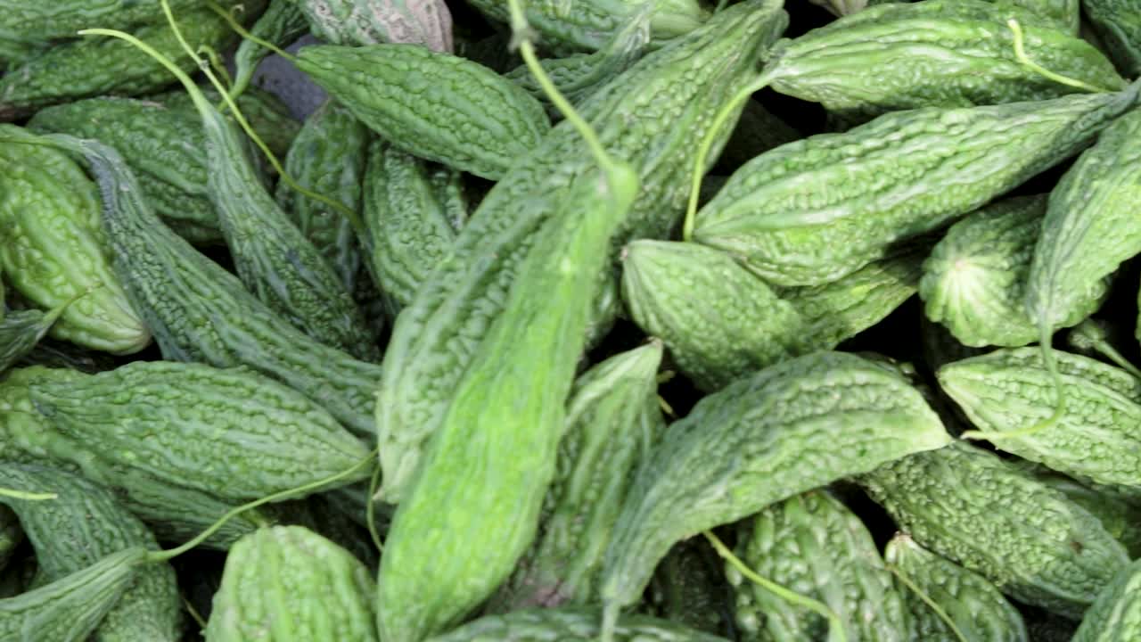 농장의 신선한 유기농 비터 가드가 다른 각도에서 닫힙니다.