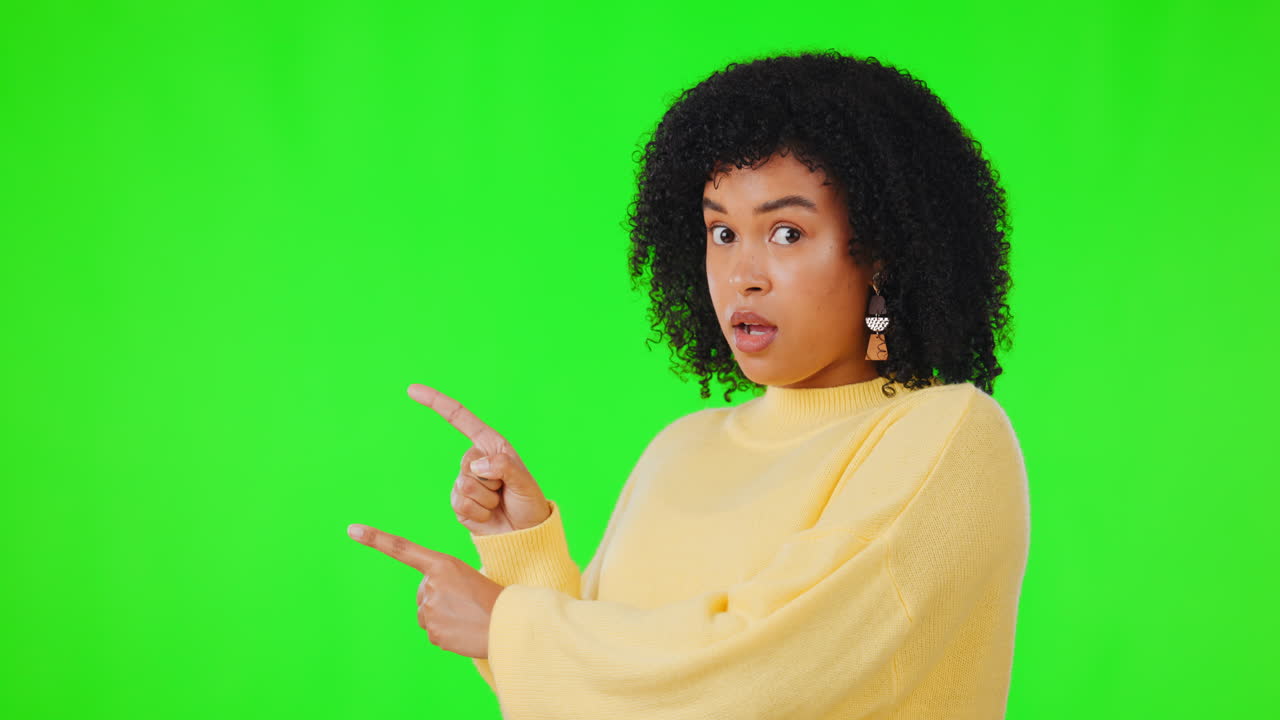 Green screen, pointing or woman shocked by news