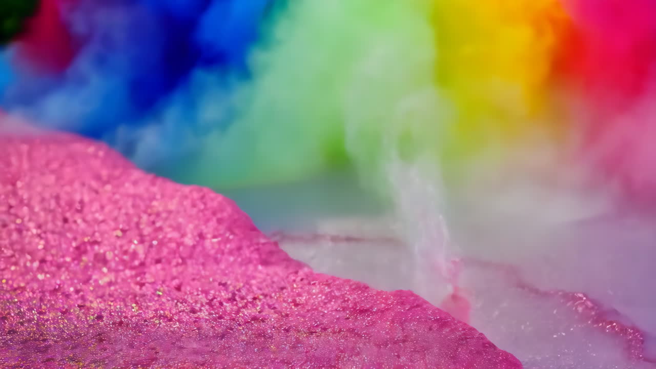 Fumo colorato su superficie glitterata rosa