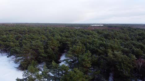 Aerial-while-snowing-in-forest-landscape-in-Lommel,-with-buildings-in-the-background