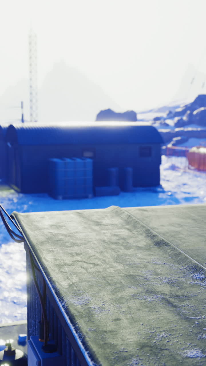 Winter at the remote research station surrounded by icy landscape at dawn