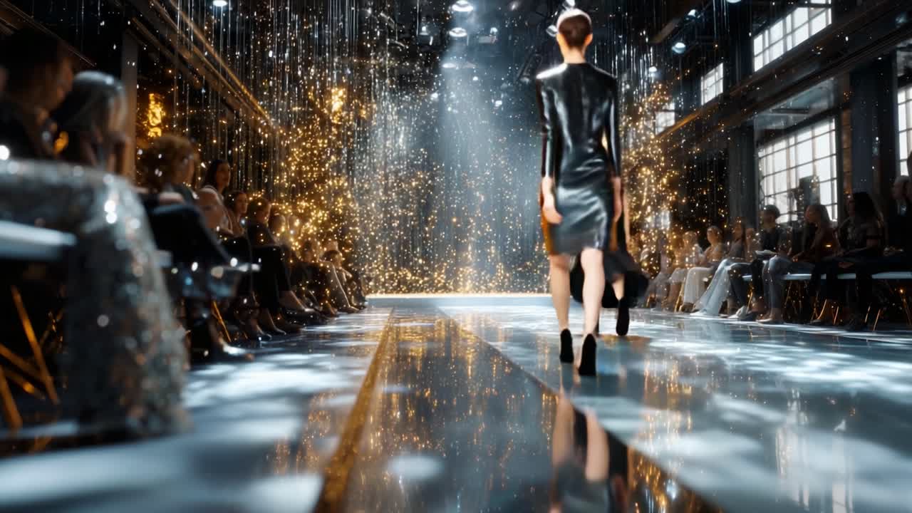 Elegant Fashion Show Featuring a Stunning Metallic Dress on the Runway with Sparkling Lights and Audience Captivated by the Dazzling Atmosphere of Creativity and Design Innovations