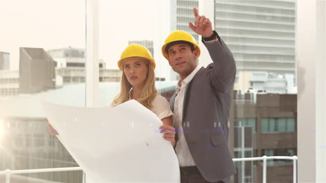 animación de ingenieros caucásicos hombres y mujeres sobre el paisaje urbano