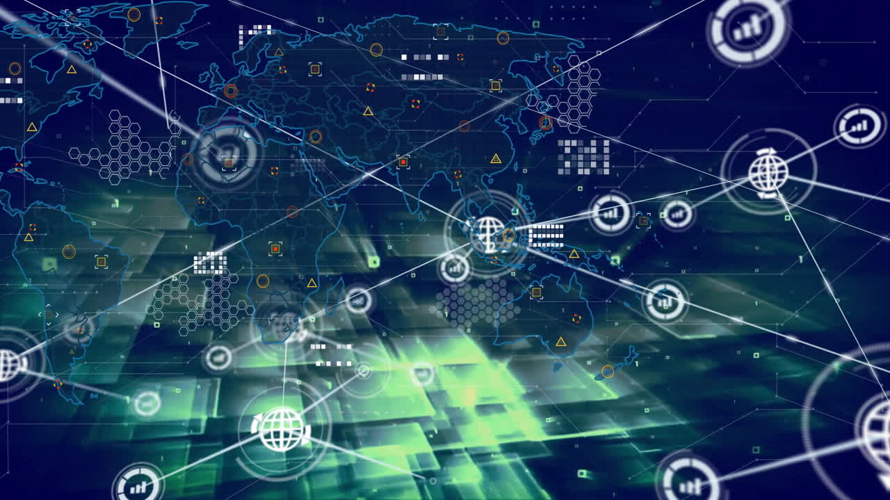 Digital network connections and data processing animation over world map background