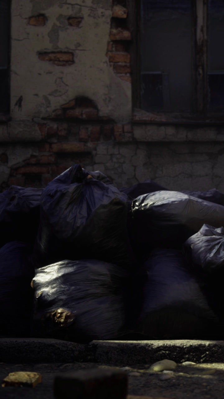 Garbage bags piled against an old building in a dimly lit area