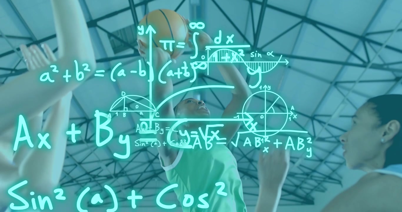 Basketbolcu, üç sayı çizgisini geçerek top sürüyor, yörünge grafikleri oluşturuyor ve basket atıyor