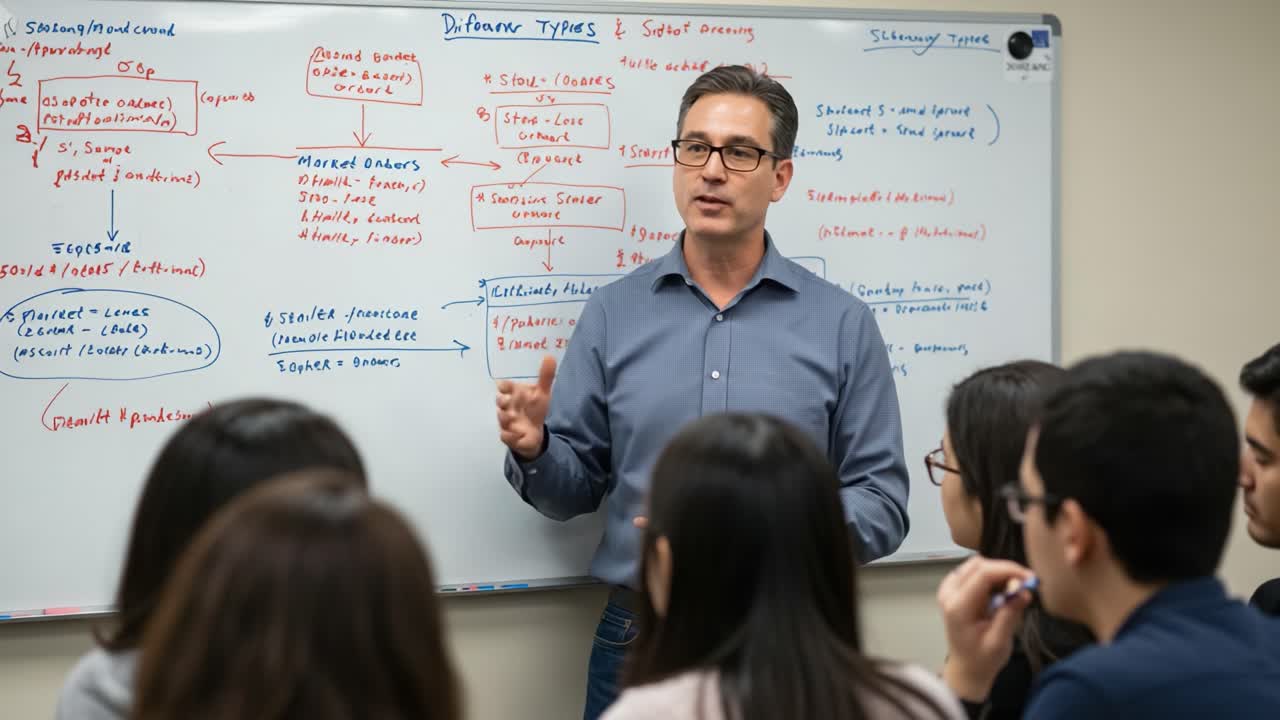 Engaging Classroom Discussion on Different Subject Types: A Teacher Illustrates Key Concepts on a Whiteboard to Encourage Student Participation and Understanding