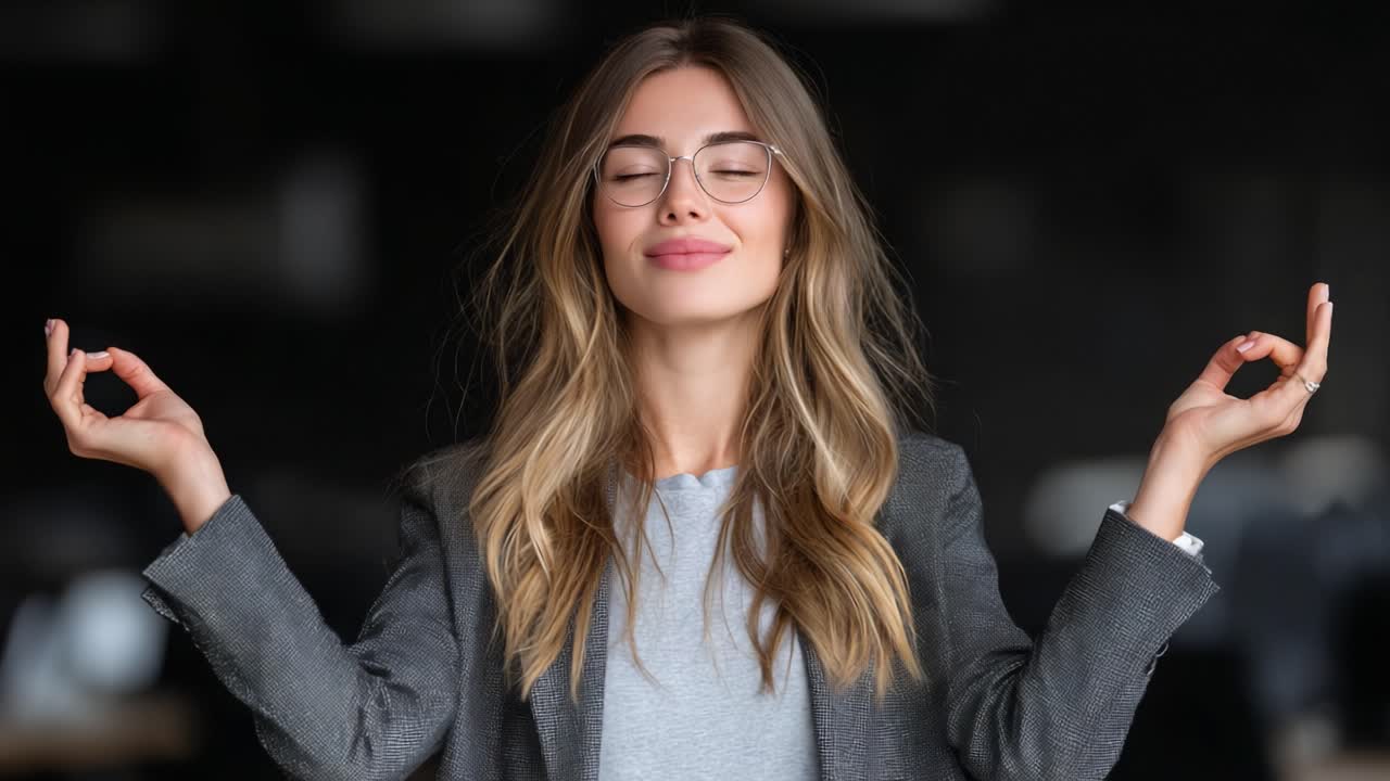 A serene woman embodies tranquility and mindfulness, showcasing a moment of inner peace and meditation while dressed in a stylish gray blazer and elegant attire