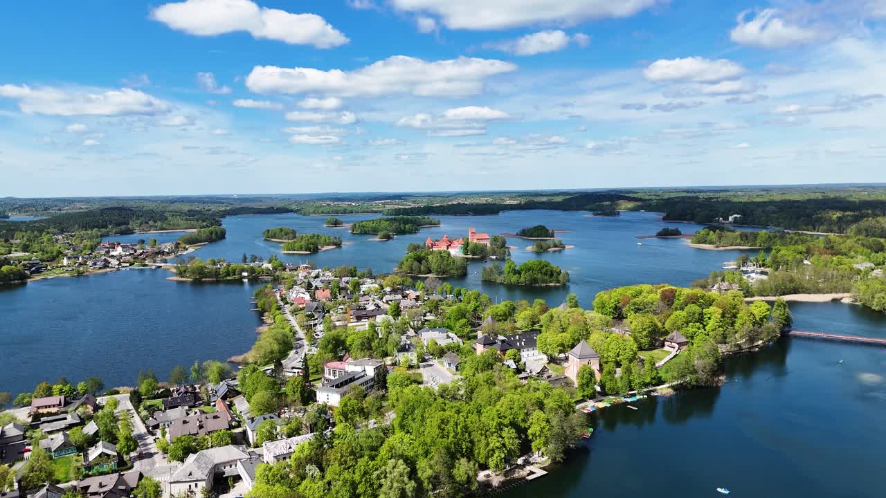 Trakai township with island castle in background, aerial view