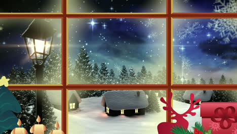 Animation-Einer-Winterlandschaft-Mit-Weihnachtsdekoration,-Gesehen-Durch-Ein-Fenster