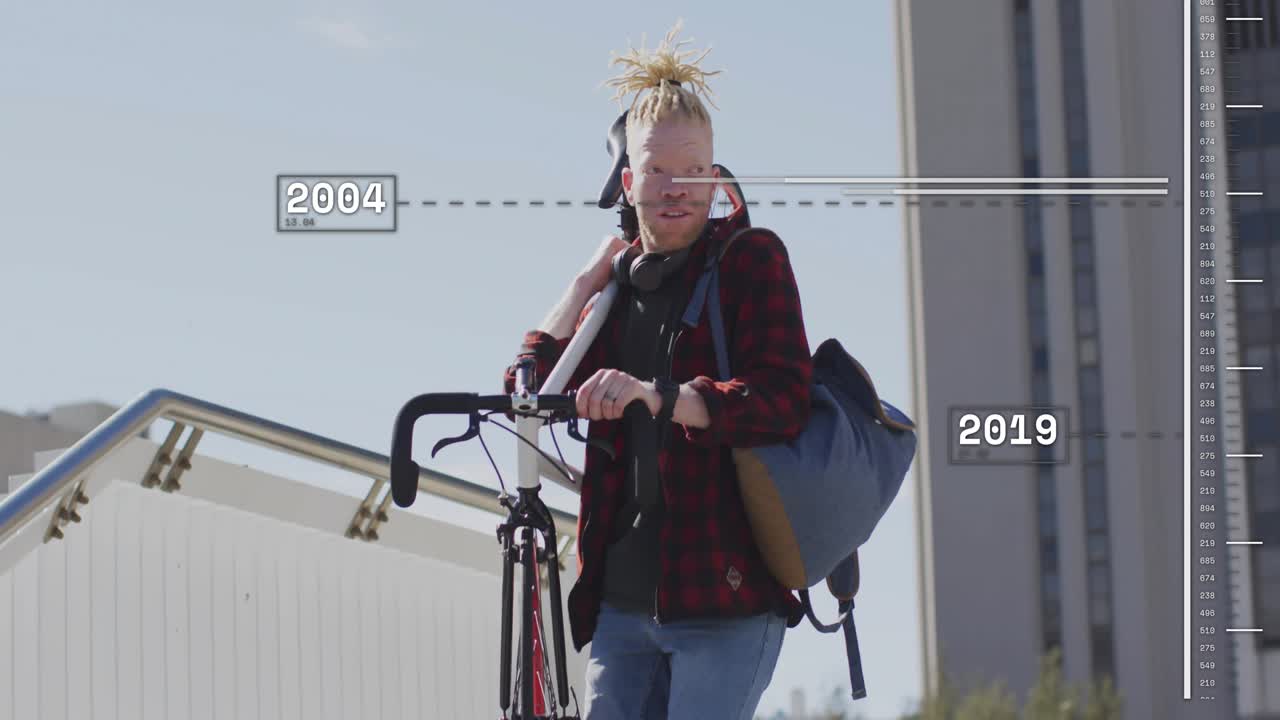 Man lifting bike, walking up ramp for commuting, timeline moving over cyclist shifting years