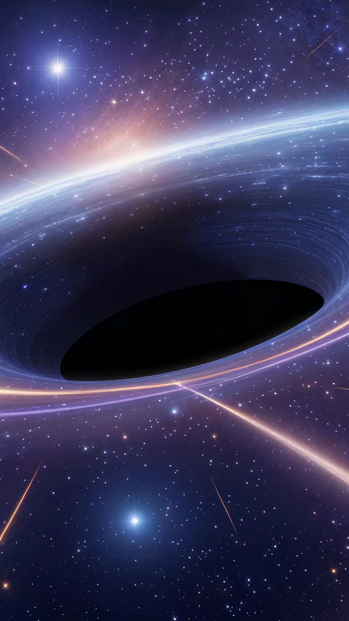 Vertical video: Breaking stillness pulsing accretion disk drawing streaks into black hole in space
