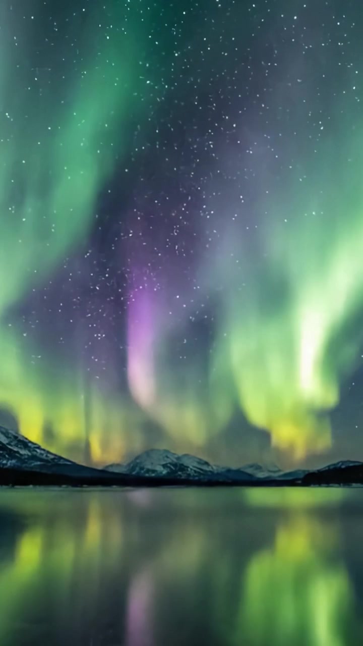 Spettacolo mozzafiato dell'aurora boreale che si riflette su uno specchio d'acqua calmo circondato da maestose montagne sotto un cielo notturno stellato.