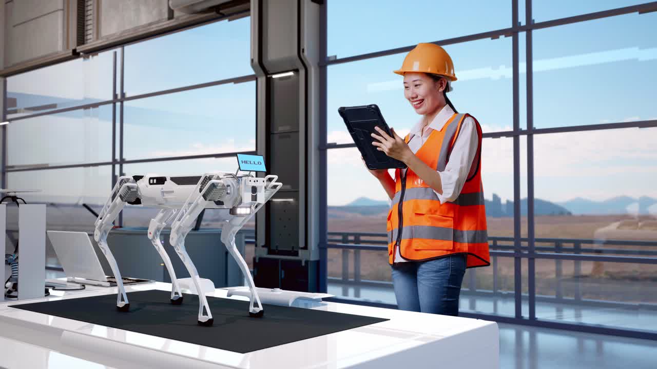 ingegnere che osserva un cane robotico in una moderna fabbrica