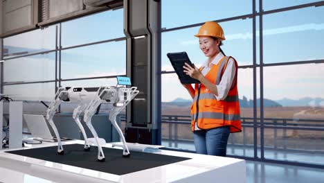 ingeniero observando un perro robótico en una fábrica moderna