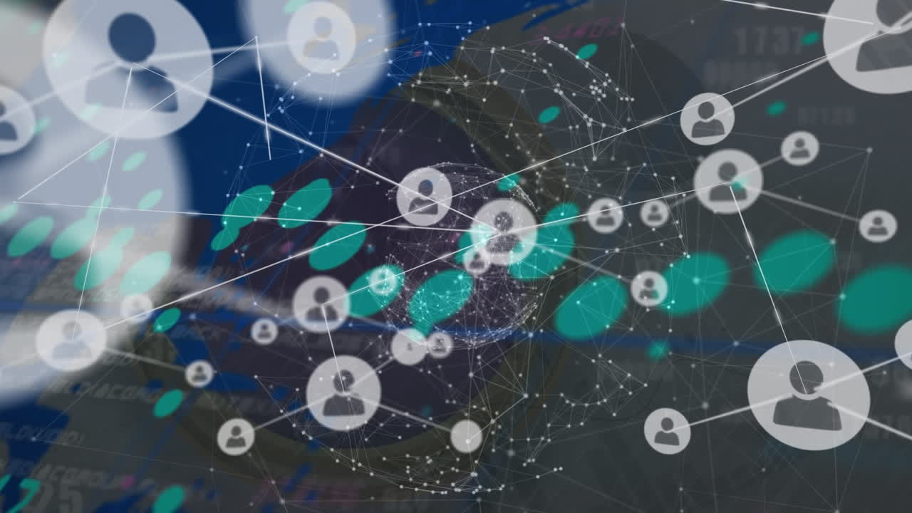 검은색 배경에 데이터 처리에 대한 아이콘으로 연결 네트워크의 애니메이션