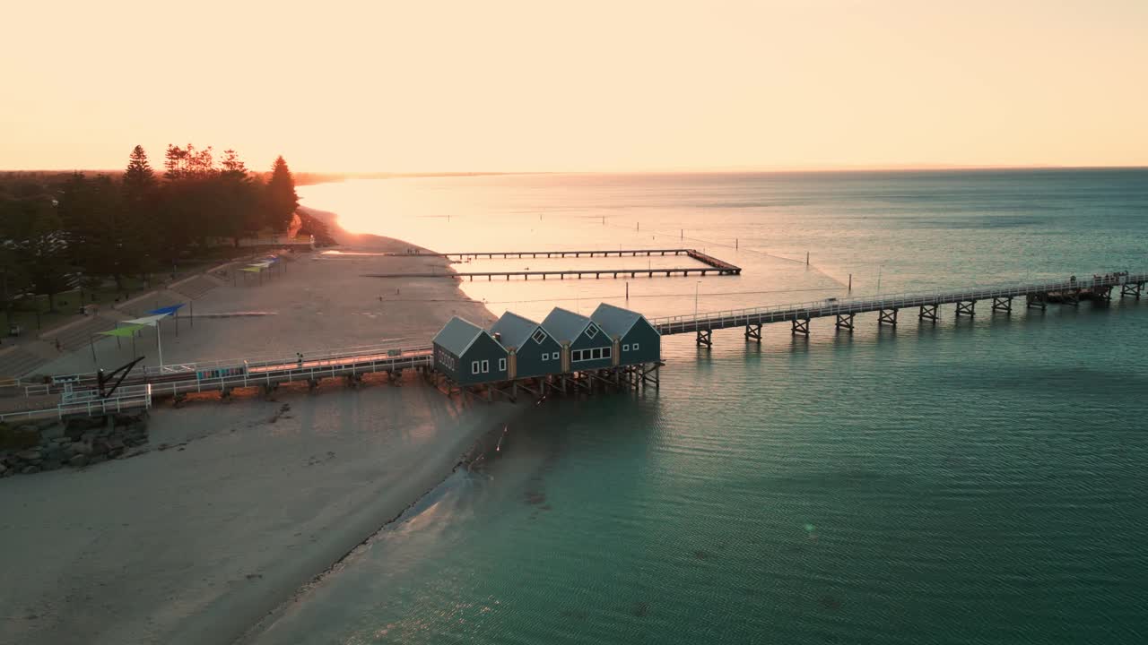 drone shot over Busselton in Western Australia and the longuest Jetty in the southern hemisphere at sunset
