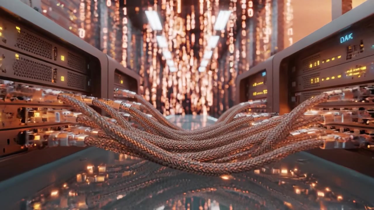 Futuristisk datacenter med flydende binær kode, der fremhæver servere og netværksforbindelser i et højteknologisk miljø for digital informationsbehandling