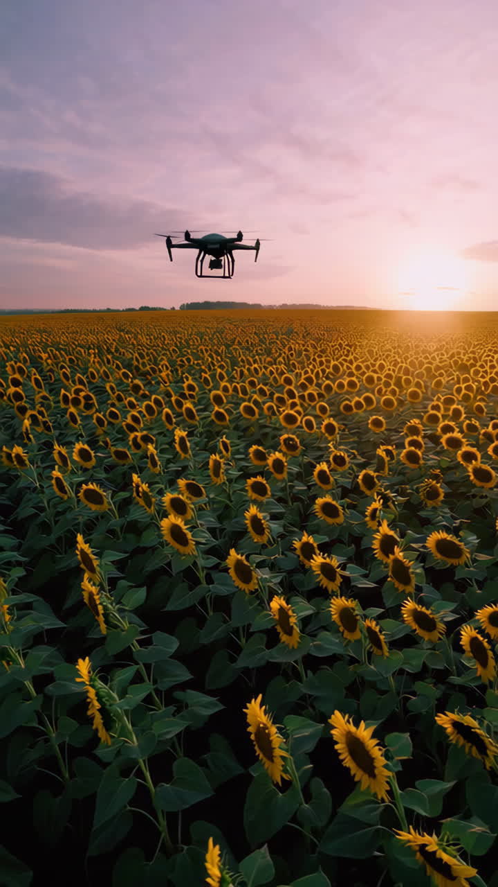 Drone Flying Over a Sunflower Field at Sunset