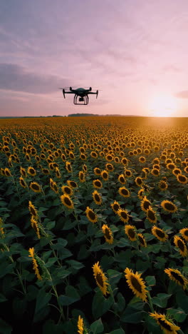 drone flying over a sunflower field at sunset