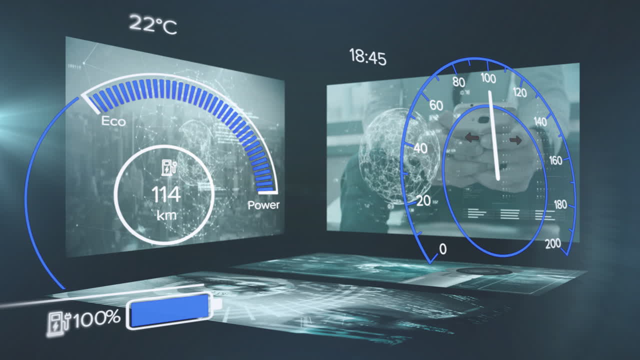 Displaying animation of futuristic dashboard with speedometer, battery, temperature levels