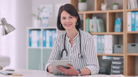 Médico,-Mujer-Y-Cara-Con-Tableta-En-El-Hospital