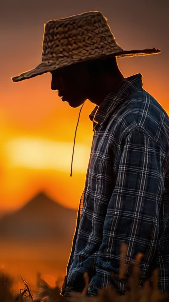 Silhouetted Figure in a Straw Hat Against a Stunning Sunset Backdrop, Evoking Feelings of Peace and Reflection in Nature's Embrace