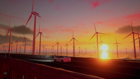 3d render of generic electric car drives on a highway with wind turbines in the background at sunset. realistic 3d animation