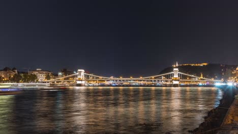 nighttime timelapse video of the elizabeth bridge crossing the danube river in budapest, hungary