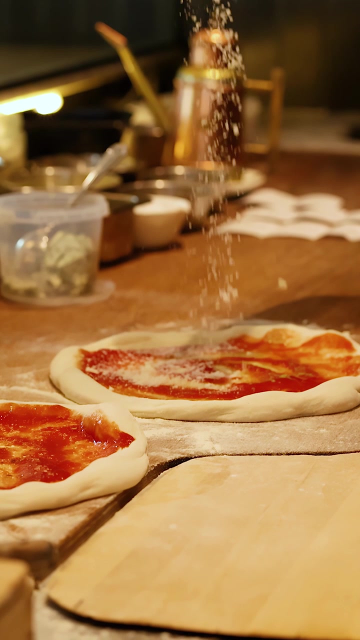 Chef professionista aggiunge formaggio grattugiato all'impasto crudo della pizza su un bancone da cucina in legno