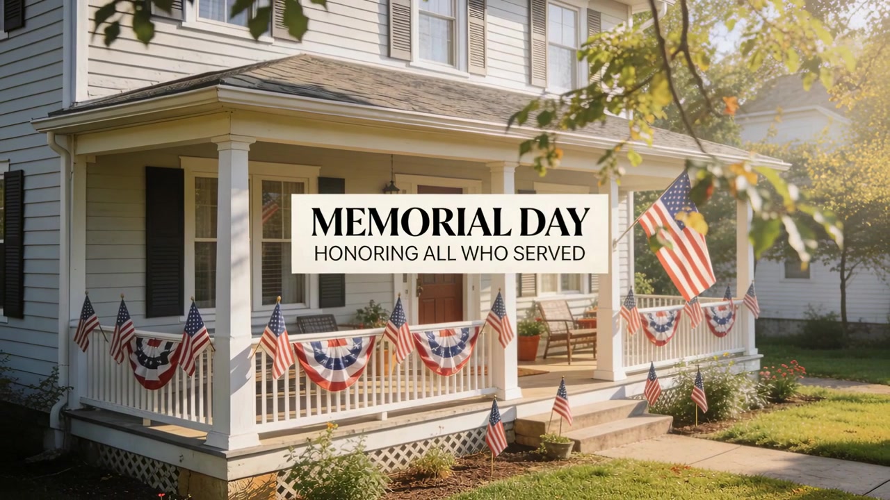 Luce solare splendente e brezza che si alza, portico che mostra bandiere sventolanti con sovrapposizione di testo Memorial Day