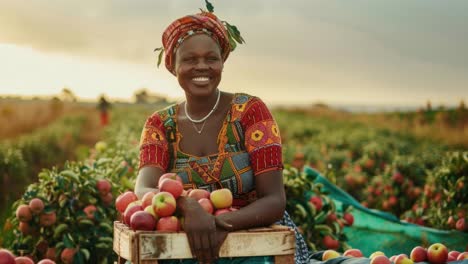 A vibrant video still of a smiling woman in traditional attire, sitting among apple trees