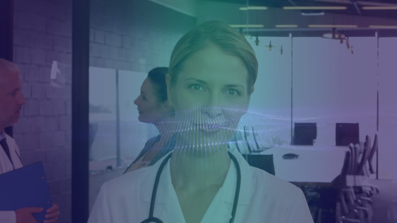 Animação de pontos sobre uma médica caucasiana sorrindo.