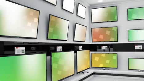 animación de filas de aparatos de televisión en la tienda con pantallas brillantes con espacio de copia