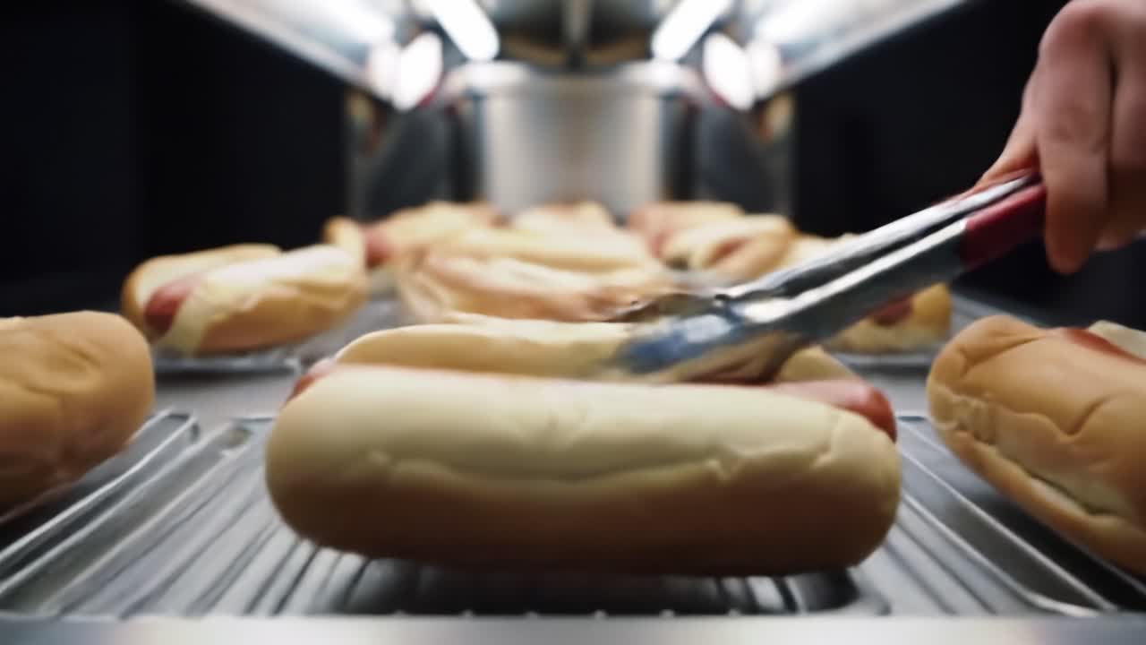 Et nærbillede af perfekt tilberedte hotdogs, der ligger i friskristede brød i en moderne madbod, klar til servering