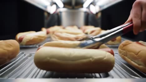 a close-up view of perfectly cooked hot dogs resting in freshly toasted buns in a modern food stall ready for serving