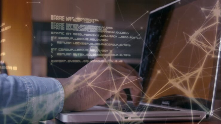 Man typing on laptop and connection lines and world map