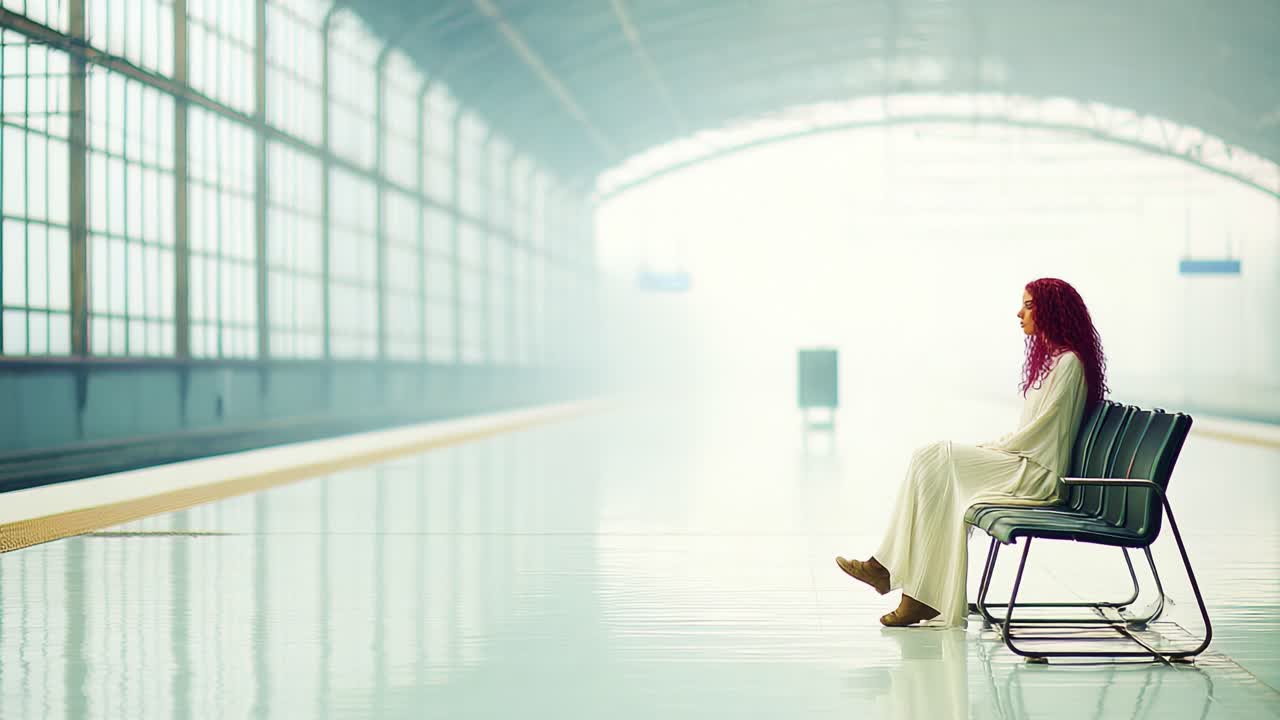 A solitary figure with vibrant hair sits quietly on a bench in a vast, illuminated train station, surrounded by an atmosphere of tranquility and contemplation, as time slows down