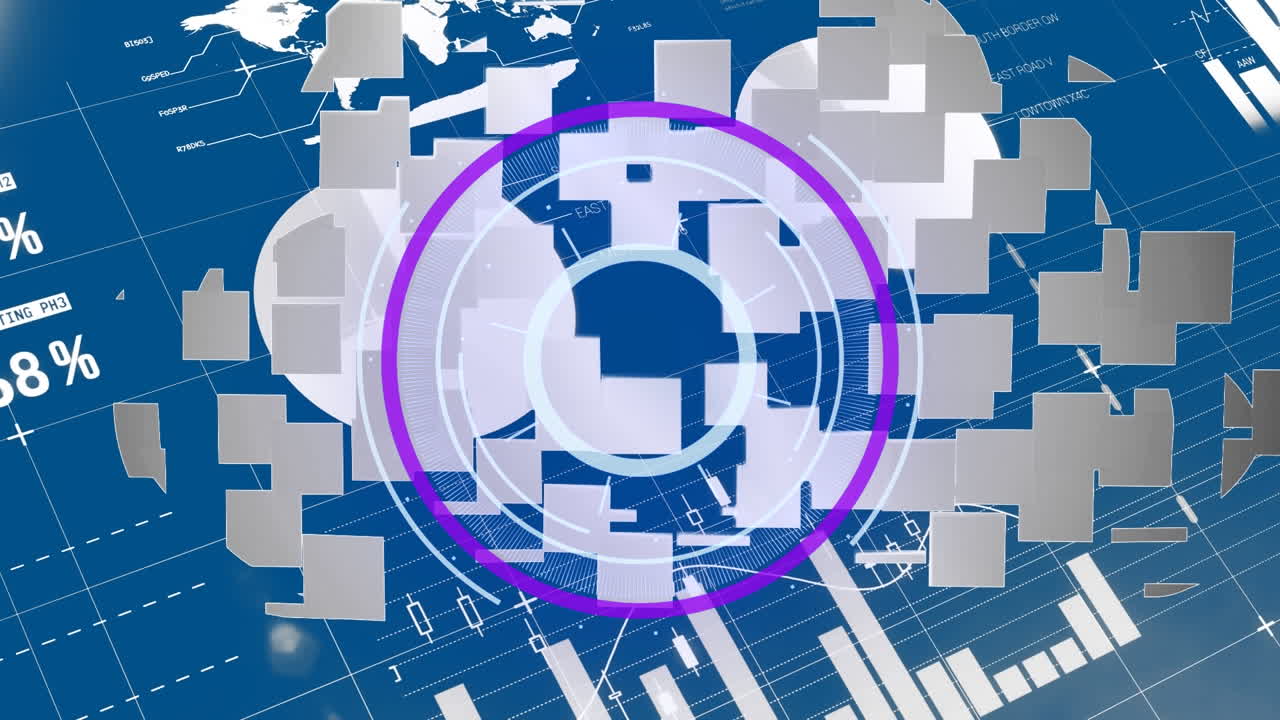 animación del escaneo del alcance sobre el icono de la nube y el procesamiento de datos sobre fondo azul