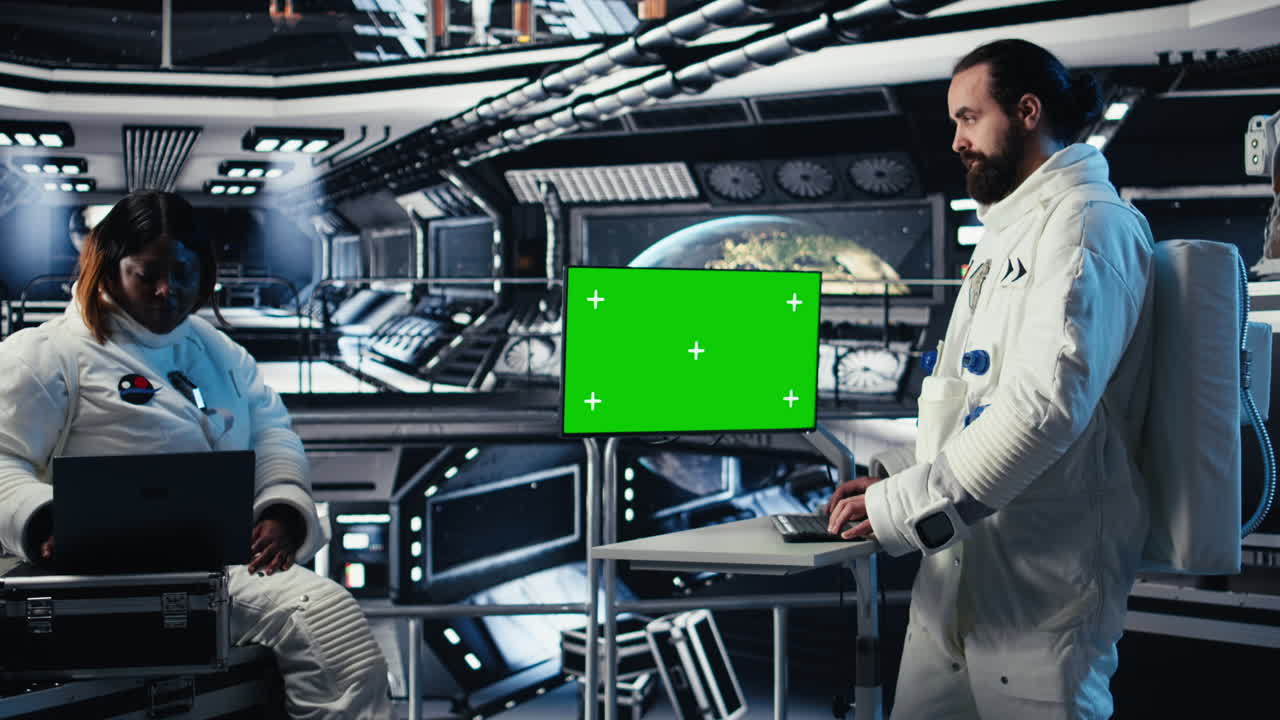Astronaut monitoring diagnostics on green screen display, talking to colleague