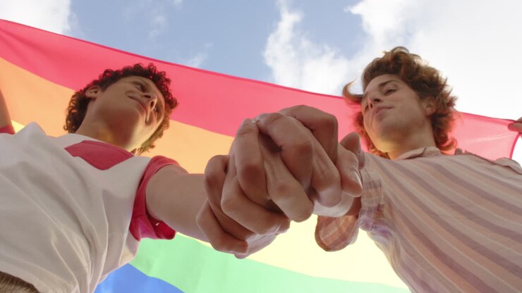 Happy diverse gay male couple holding rainbow lgbt flag and holding hands at home, slow motion
