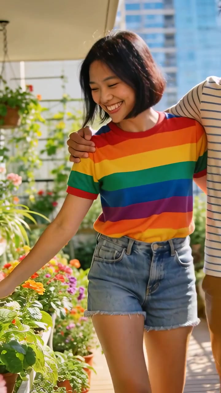 Vertical video: Walking woman in rainbow tee and denim shorts touching pots on deck, sun drawing