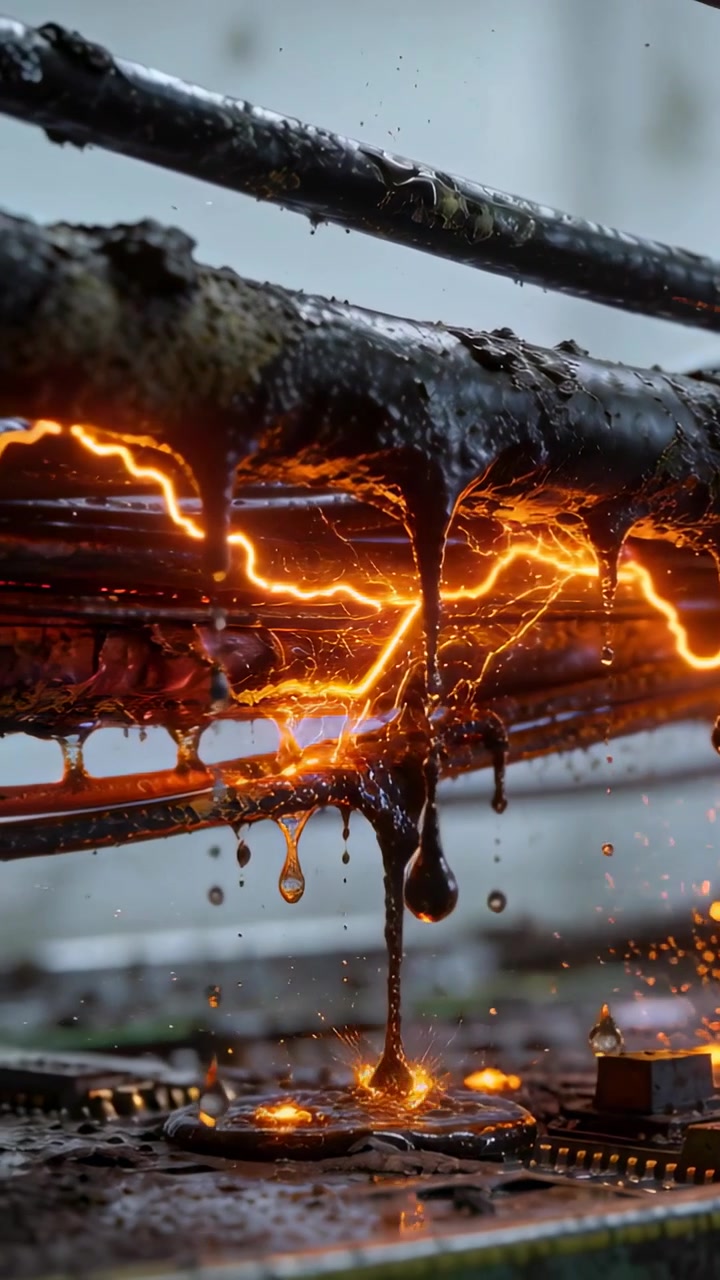 Video verticale: Archi scintillanti che riscaldano le rotaie al banco, sciogliendo residui oleosi e facendo cadere gocce sul PCB