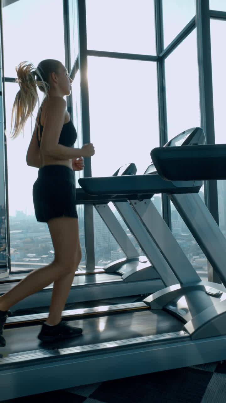 Woman Running on a Treadmill in a Gym with a City View