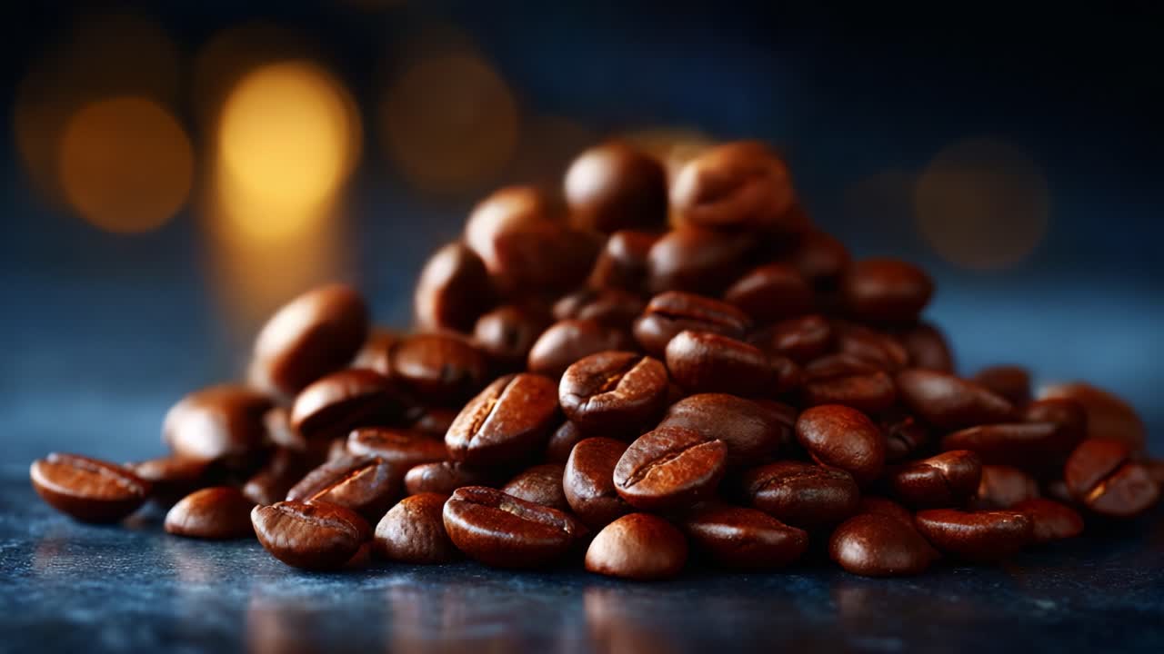 Et smukt nærbillede af mørkristede kaffebønner, der er stablet på en overflade, som viser deres flotte farve og tekstur med en blød bokeh-baggrund