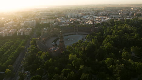 Plaza-de-España,-City-Square-In-Seville-,-Spain-At-Sunrise---aerial-drone-shot